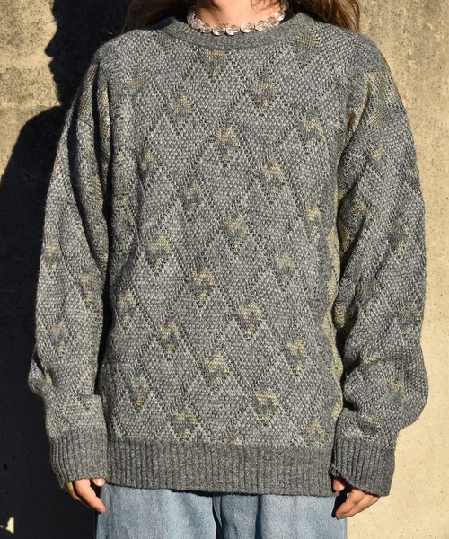 LAVANE USA製 アクリル 立体 総柄 3D デザインニット グリーン系