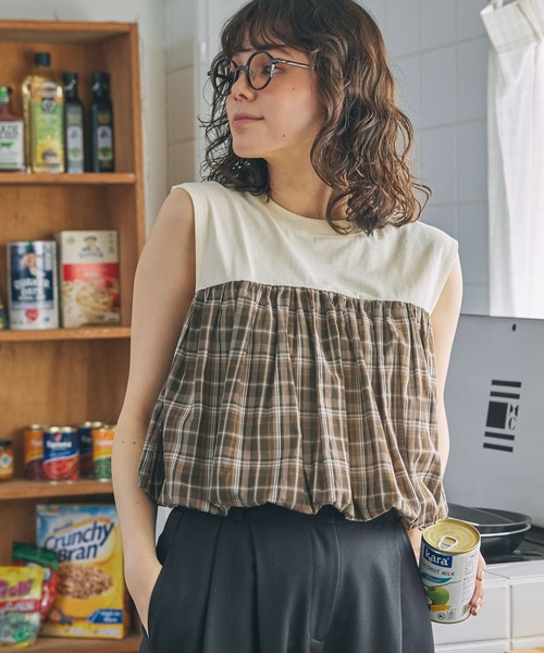 チェック柄 バルーンデザイン 切り替え タンクトップ MONO-MART LADY'S