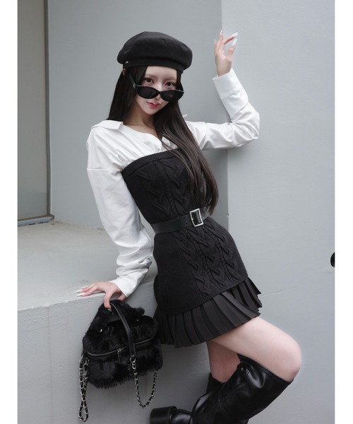 Darich ダーリッチ シャツドッキングプリーツニットミニワンピース BLK