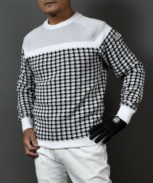 ニット素材 千鳥格子 柄 切替 クルーネック ゴルフウェア セーター