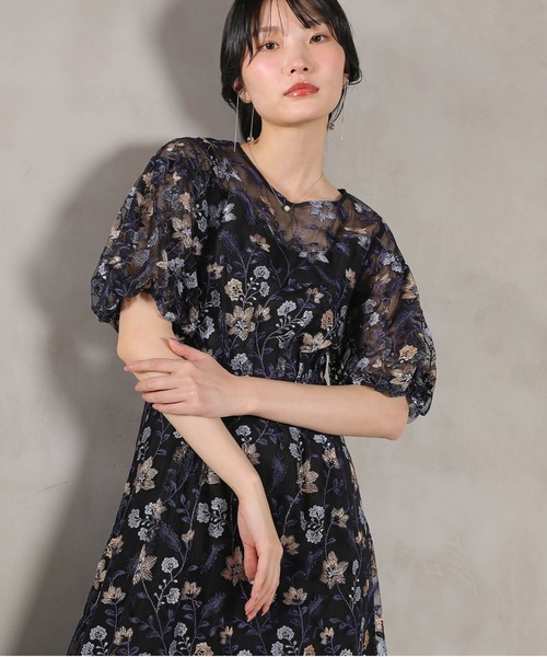 パフスリーブ フラワー刺繍 フェミニン パーティー ドレス マタニティ