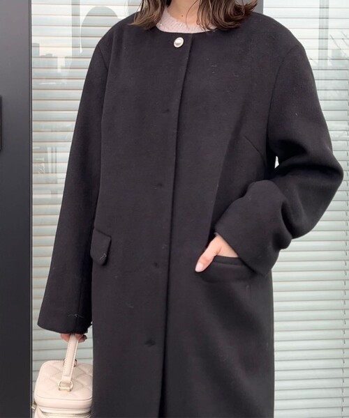 美品 PRADA ツイード ロングコート ビジュー ノーカラー ブラック