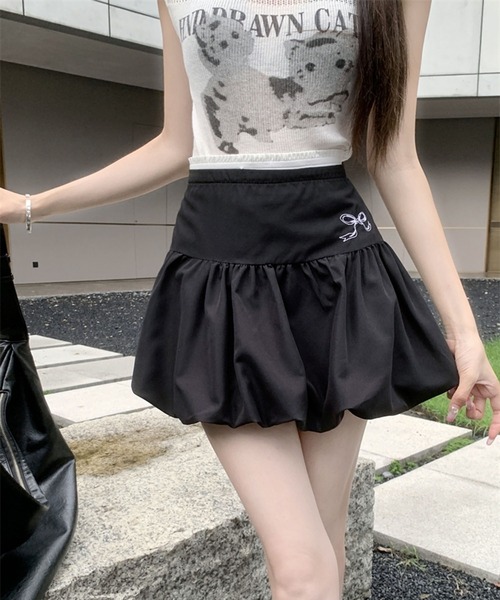 セール】ウエストレイヤードデザインバルーンスカート/リボン刺繍ミニ