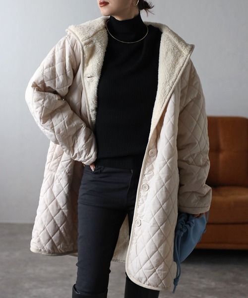 セール】フード付き 裏ボアキルティングコート（ナイロンジャケット