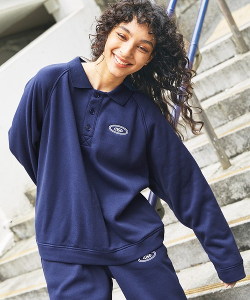 セール】【 スウェット セットアップ 】ロゴ刺繍襟付きスウェット+