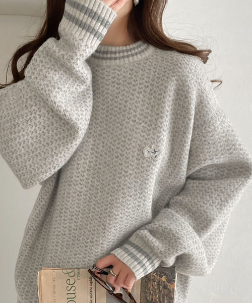 セール】レトロな配色がお洒落映え。刺繍ワッペンジャカードニットプル