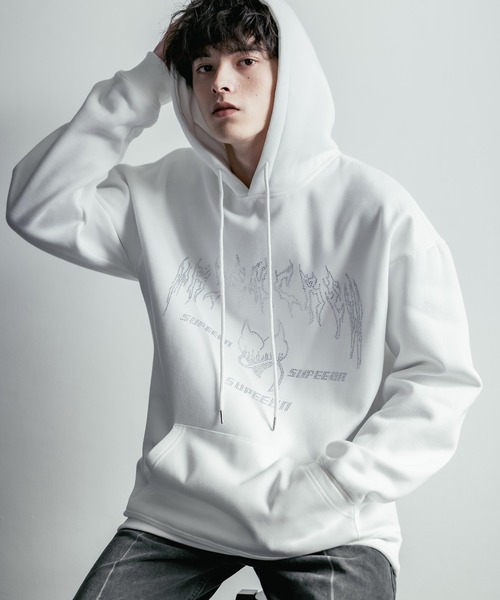 オーバーサイズ ラインストーンロゴプリント 裏起毛スウェットプル