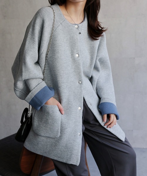 セール】スナップボタン 配色ニットカーディガン / ニットジャケット