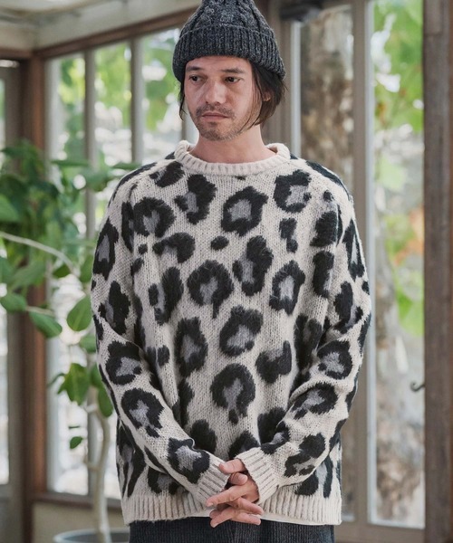 mn3190-Leopard Short Shaggy Crew Neck Knit Pullover ニット(CMP-252