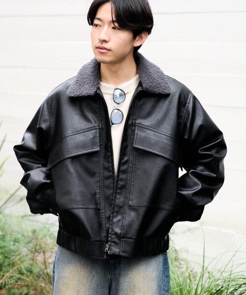 セール】【ユニセックス】3WAY襟ボア取り外し可能/合皮/レザージップ