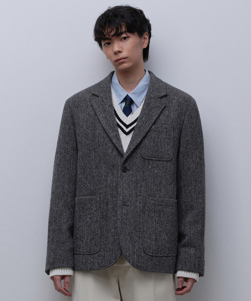 セール】[ハリスツイード] ヘリンボーンアウトポケットブレザー