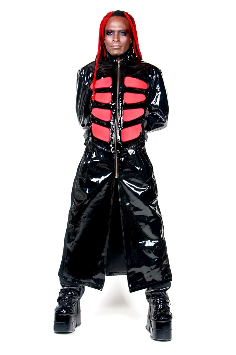 This Full Length Trench Coat in Black Heavy PVC with Cotton Side