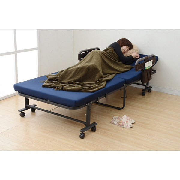 YAMAZEN 折りたたみベッド シングル 手すり付 高反発 ネイビー BAS-1S