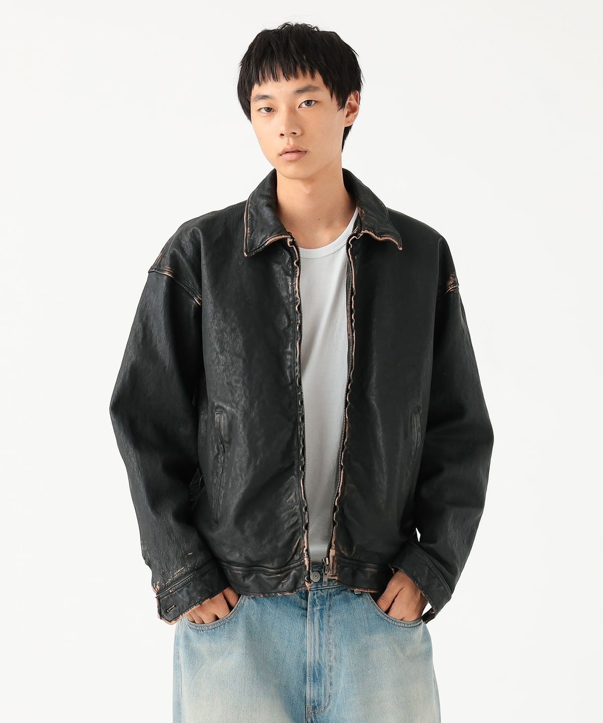 BEAMS (BEAMS) Distressed Leather Zip Blouson [Wide Fit] (Blouson