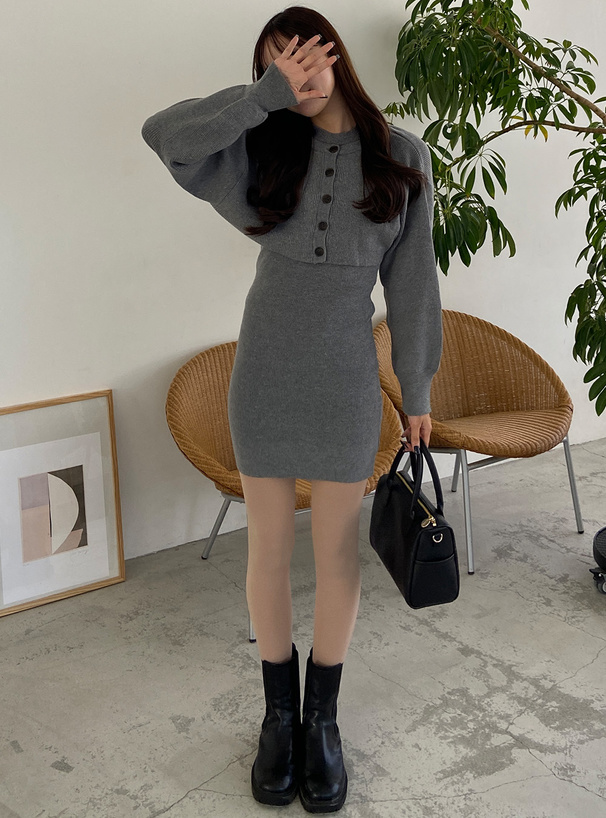 ニットクロップド丈カーディガン×ミニワンピースセットアップ[dr557