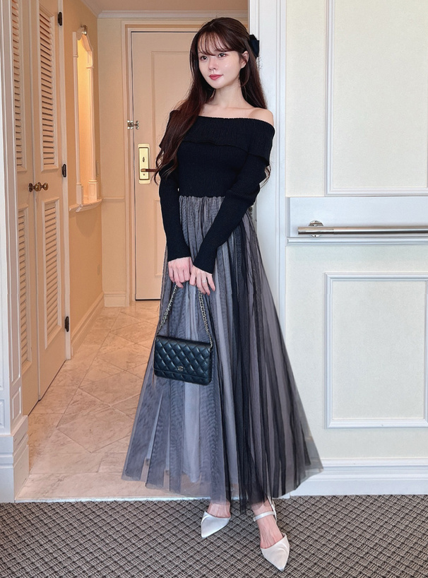 オフショルニットチュールフレアワンピース[dr744] | レディース