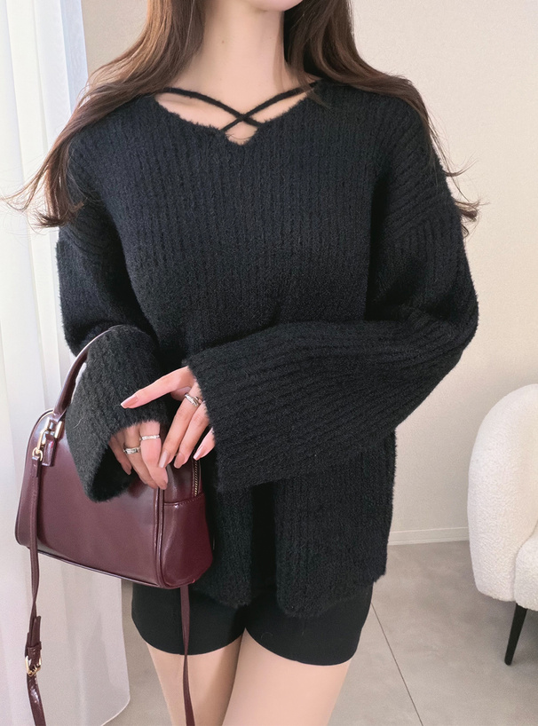 クロスネックシャギーニットトップス[fo2175] | レディース