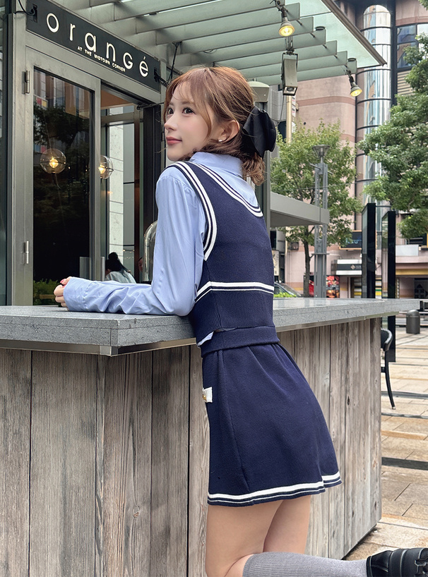 ネクタイ付きシャツ×ニットベスト×タイトスカートセットアップ[kz706