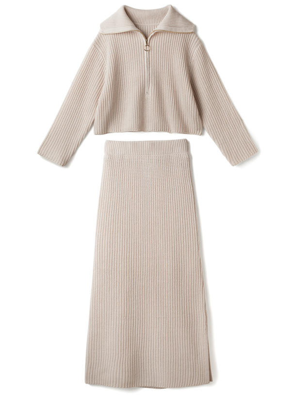 ジップニットトップスXサイドスリットスカートニットセットアップ