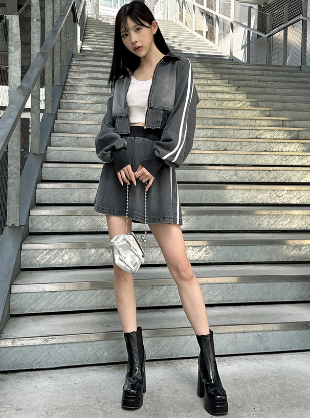 ラインブルゾン×フレアスカートデニムセットアップ[qu91] | レディース