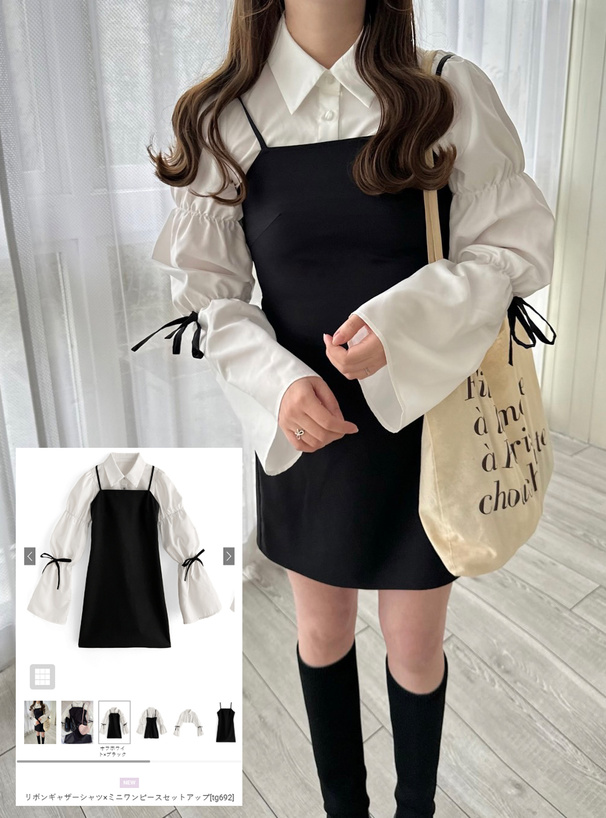 リボンギャザーシャツ×ミニワンピースセットアップ[tg692