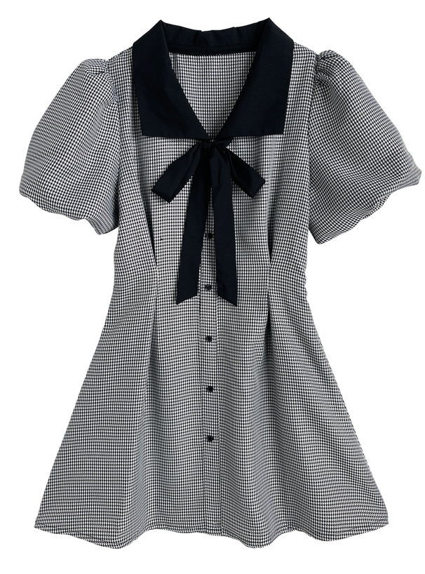 配色リボン千鳥柄パフスリーブミニワンピース[tg851] | レディース