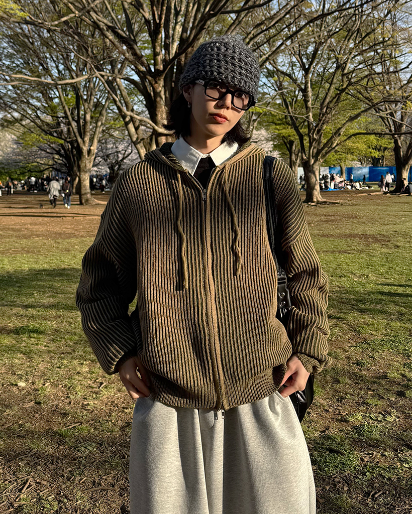 ユニセックス)ツートンストライプニットフードジップアップ