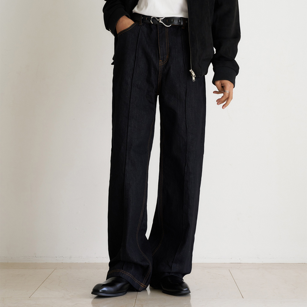 12回再販](ORIGINAL) ピンタックストレートデニムパンツ (black