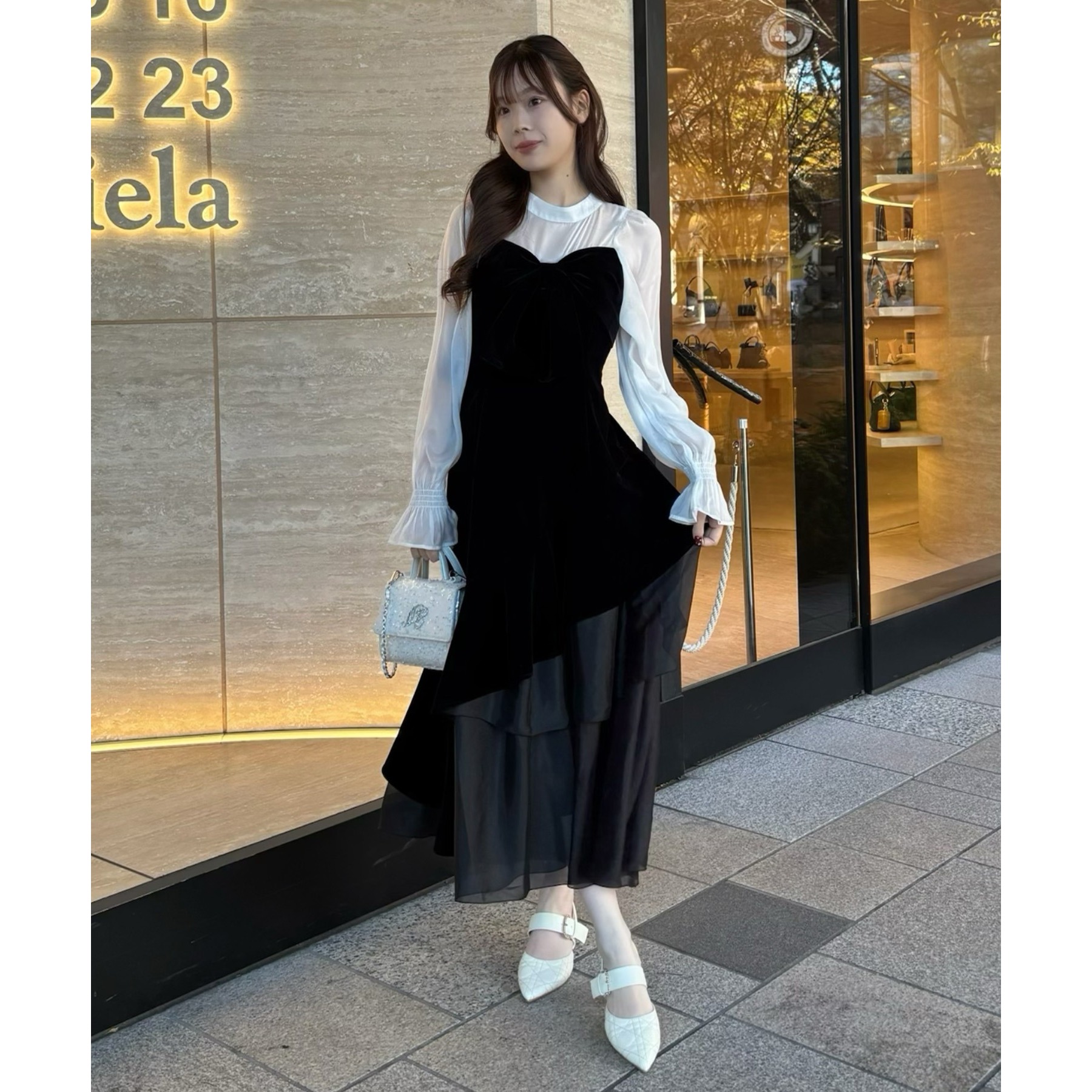 ベロアリボン異素材ロングワンピース | ファッション通販サイト NUGU