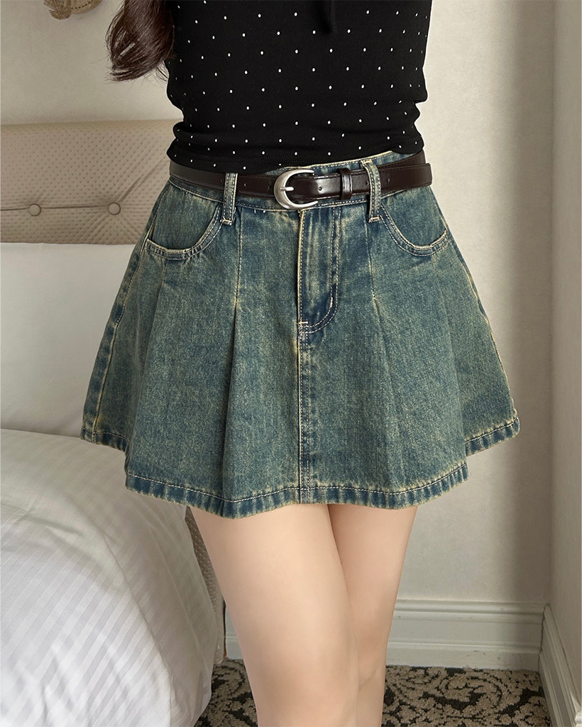ベルトセット)デニムプリーツミニスカート | ファッション通販サイト NUGU