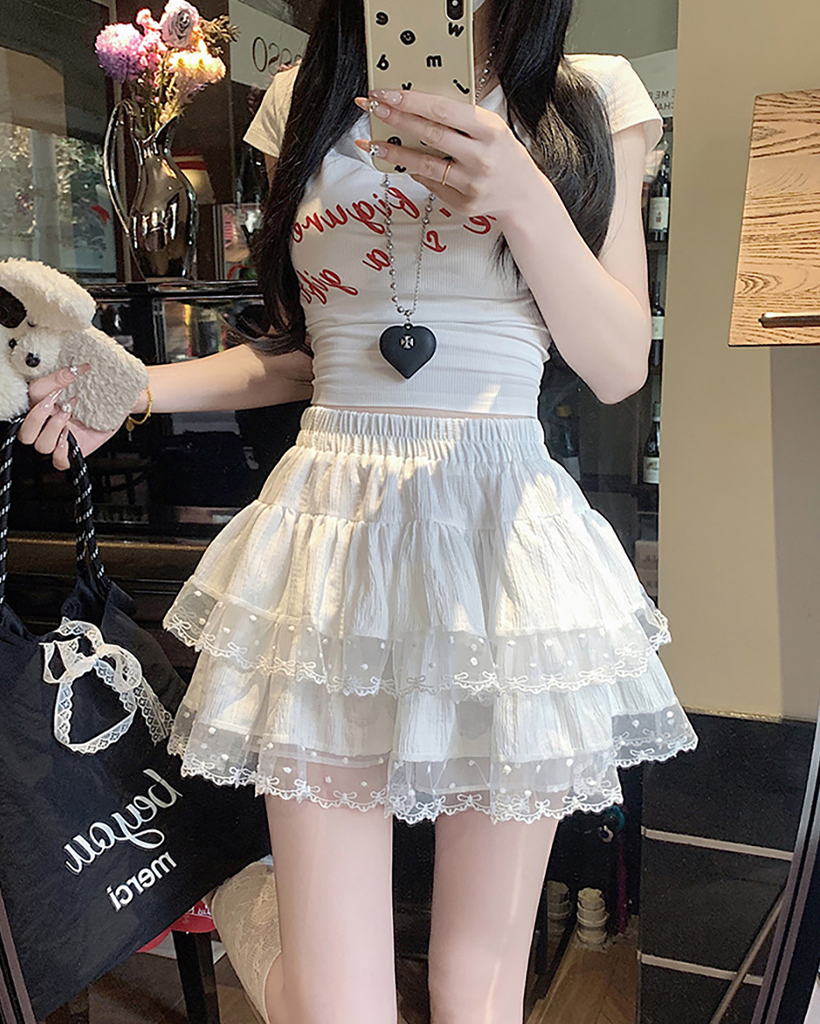 リボンドットレースフレアティアードミニスカート | ファッション通販