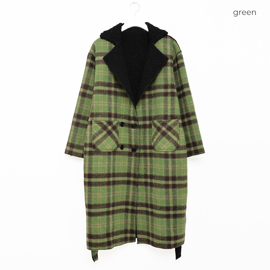 リバーシブルグリーンチェック柄ロングコート | ファッション通販