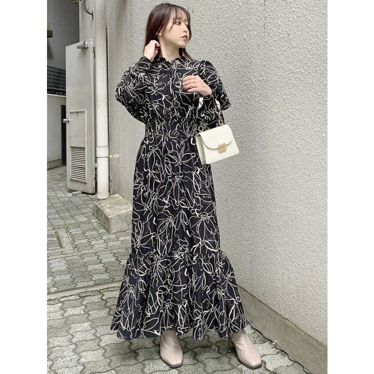 バックリボンフラワーフレアワンピース[品番：MKSW0046769]｜dazzlin