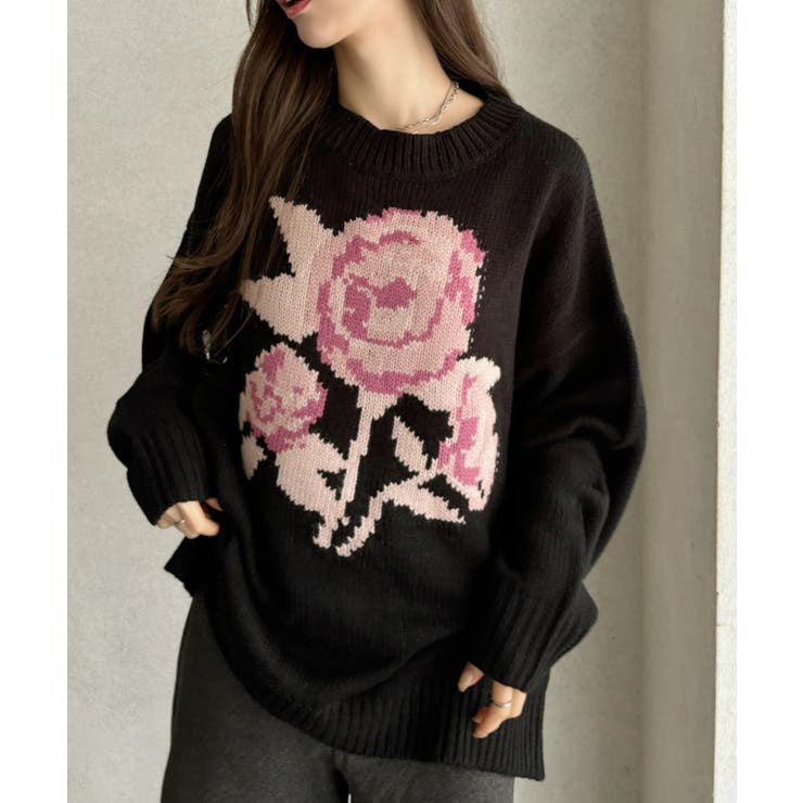 ローズ ジャガード オーバーサイズ ニット[品番：ORGW0009205]｜Ada