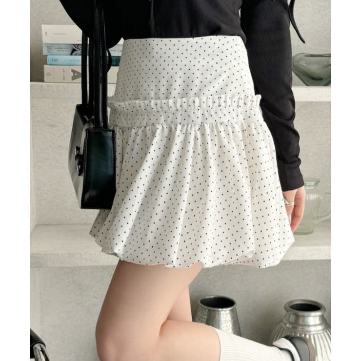 切り替えデザイン バルーンスカート ドット/無地[品番：ORGW0009453