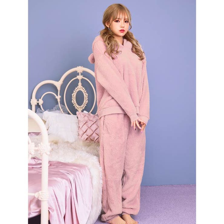 ルームウェア 上下セット ワンカラー耳付きフード[品番：DY000026731