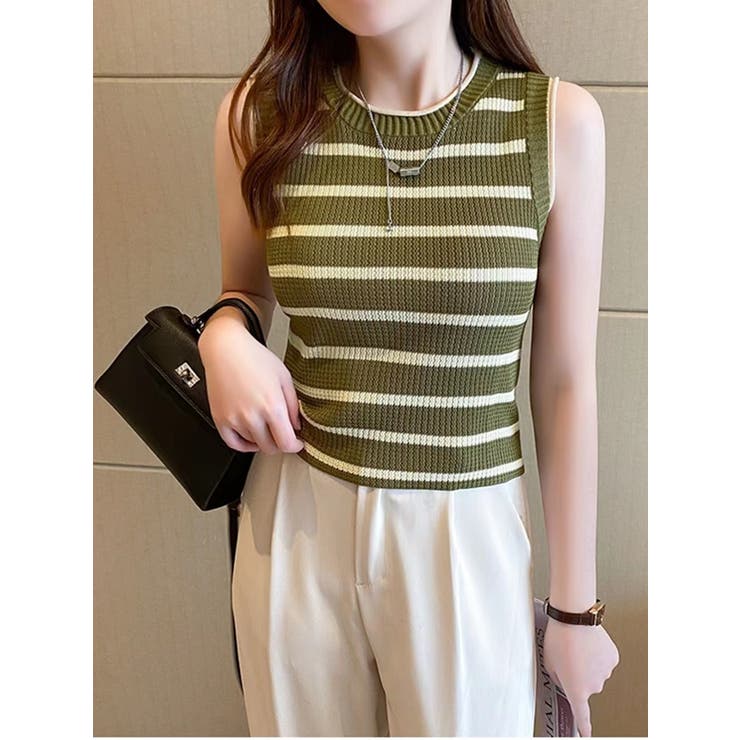 ボーダーノースリーブ ニットトップス【韓国ファッション】【春夏新