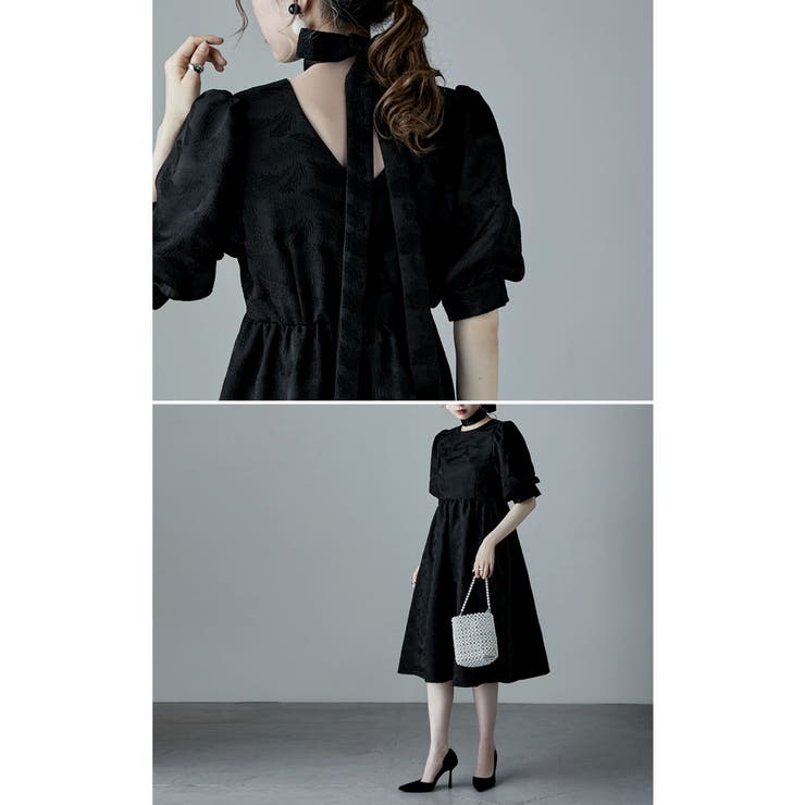 etoll エトル ジャガードパフスリーブドレス[品番：FT000008539