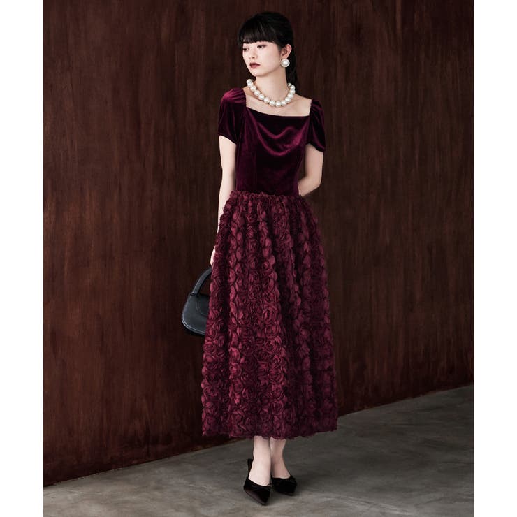 etoll エトル ベロアロゼットフレアドレス[品番：FT000010311