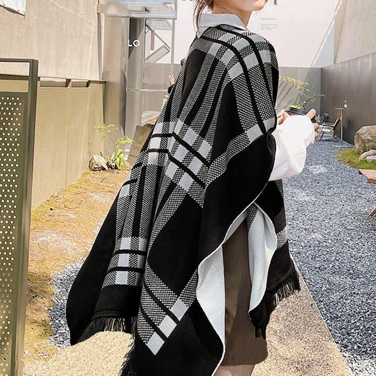 チェック柄ケープ ニットショールポンチョ[品番：AGCW0003612