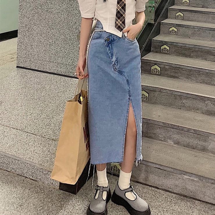 デニムスカート ウエストレイヤード風美脚[品番：AGCW0003856