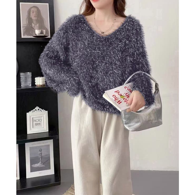 ラメシャギーニットトップス Vネック秋冬[品番：AGCW0005853