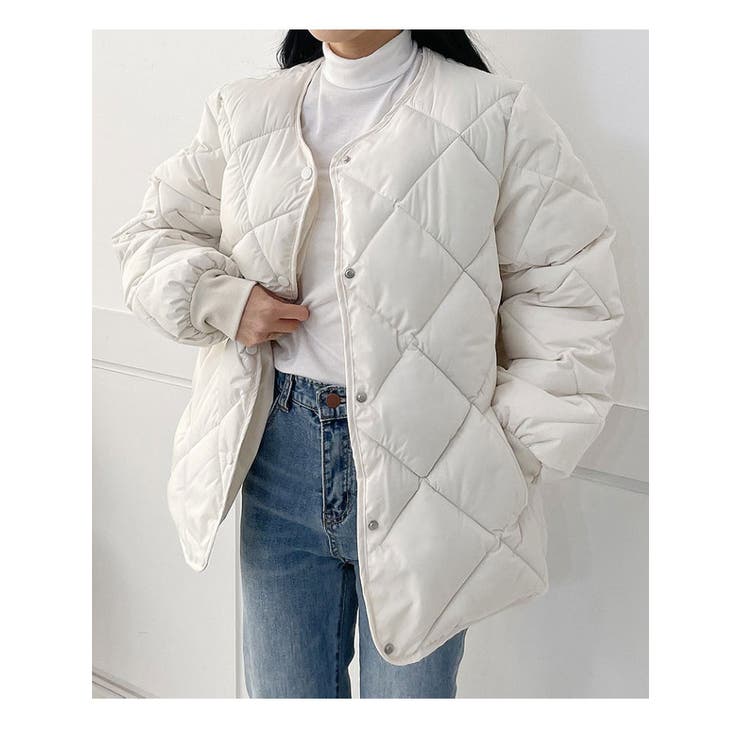 ノーカラーダイヤ柄キルティングジャケット 中綿 全2色[品番