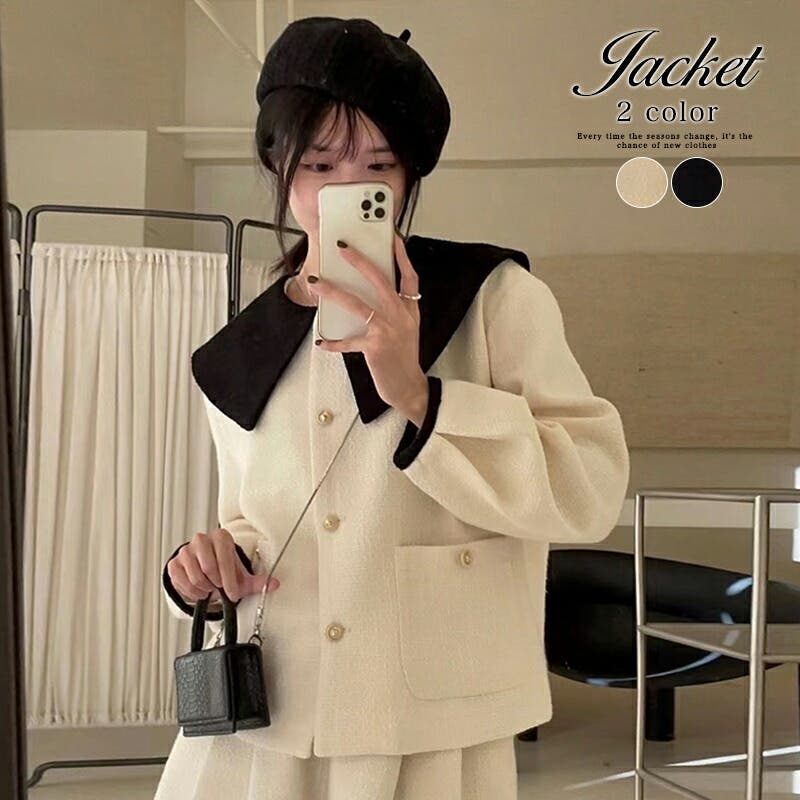 バイカラーショートジャケット ビッグカラー ツイードポケットブルゾン