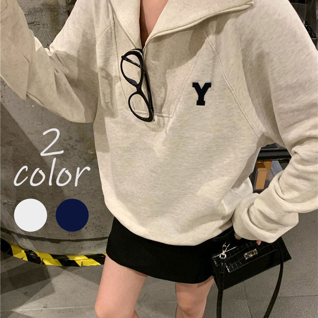 ハーフジップハイネックワンポイント刺繍スウェットトレーナー[品番