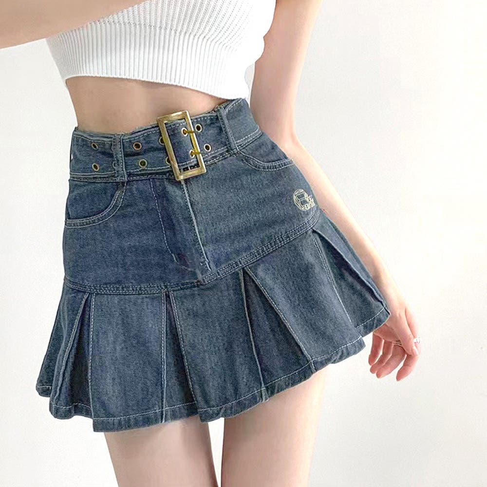 ミニデニムプリーツスカート ベルト付き[品番：AGCW0004292]｜SUNSHINE