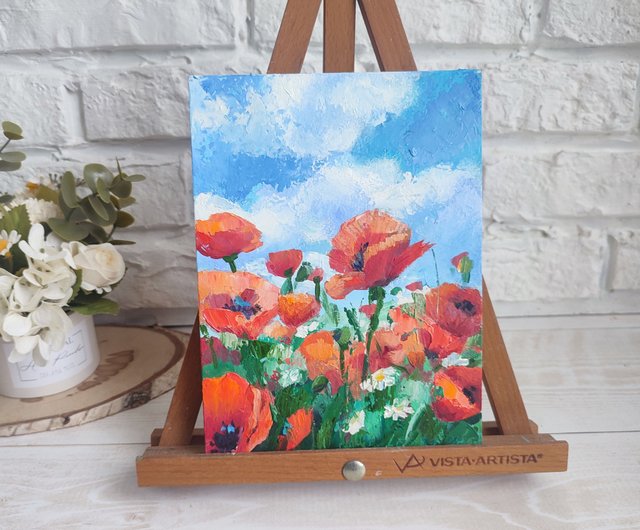 ロシア ポピー 油絵 花 小さなアート ポピーアートワーク 風景画