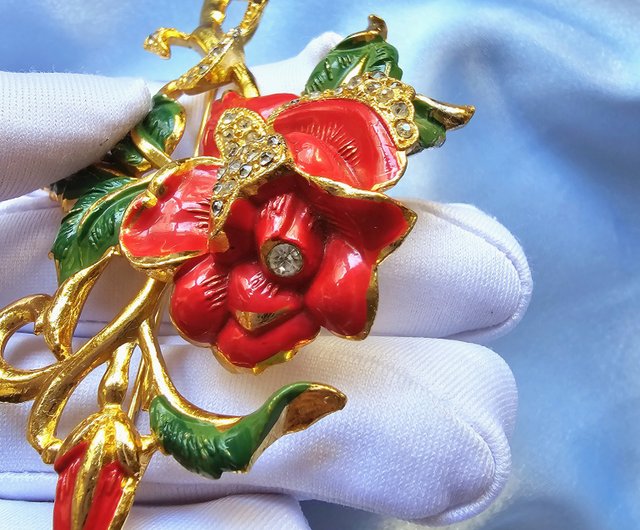 台湾 coro 大ぶりレッドエナメル グリーンリーフ ローズ ブローチ/ピン