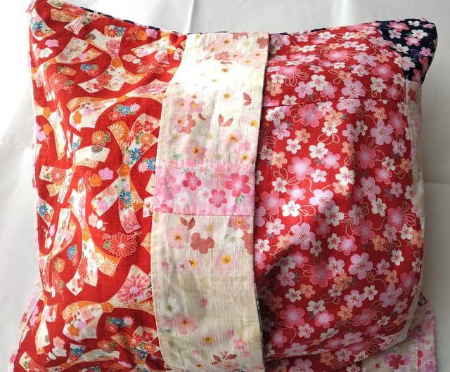 送料無料】手縫い 着物 パッチワーク 桜 花 富士山 レトロ クッション