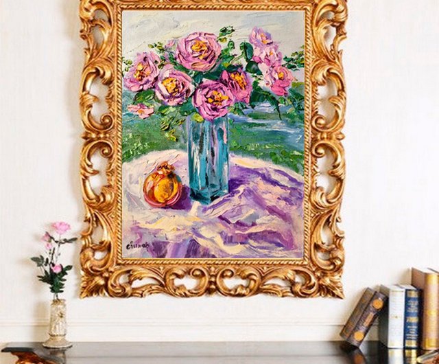 ロシア ザクロ ピンクのバラ ガラス花瓶 油絵 厚塗り オリジナル